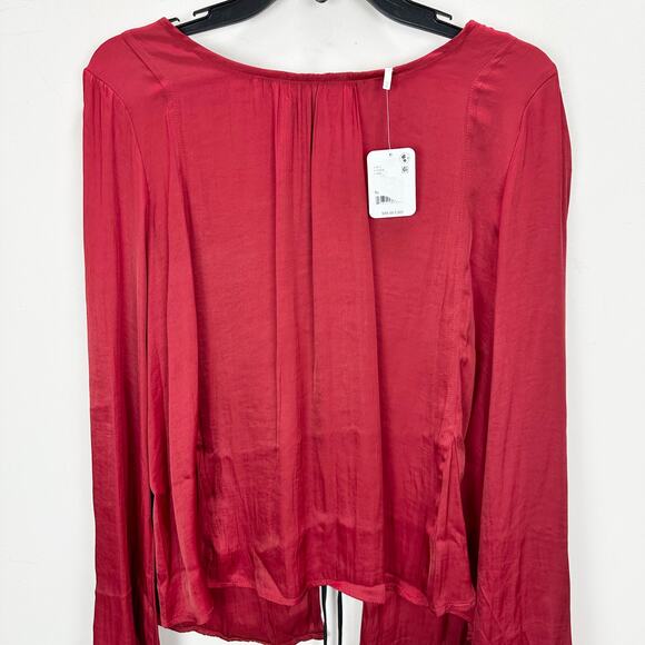 Free People Arabella Blouse Rubies Red Satin Long Sleeve Bow Back Medium NWT - Picture 4 of 10